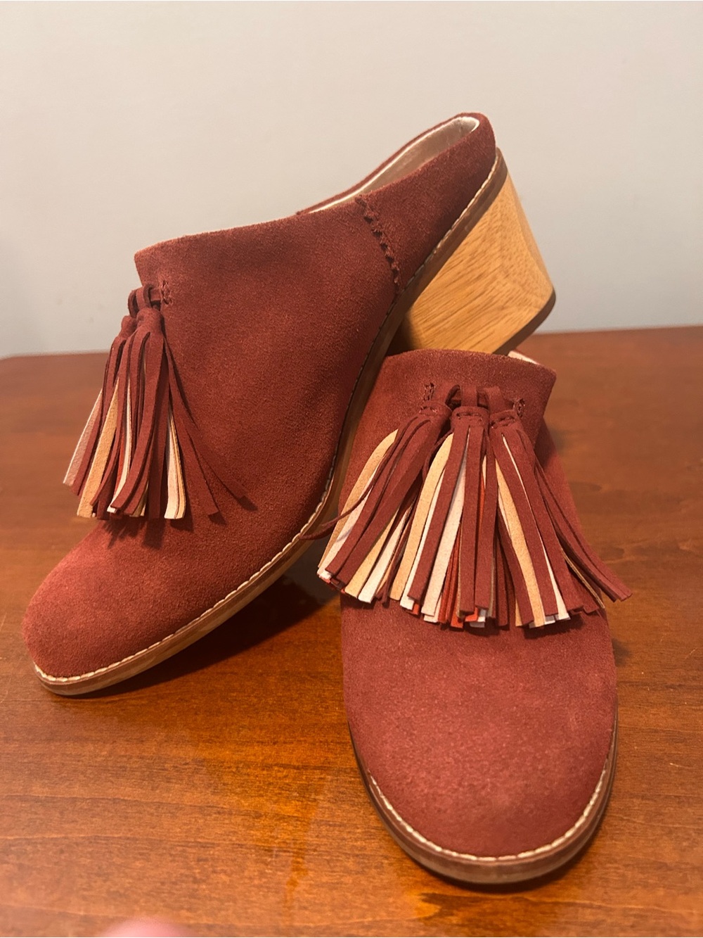TOMS Rust Suede LEILA tassel Mule Heels - Women's Slip-On Clogs